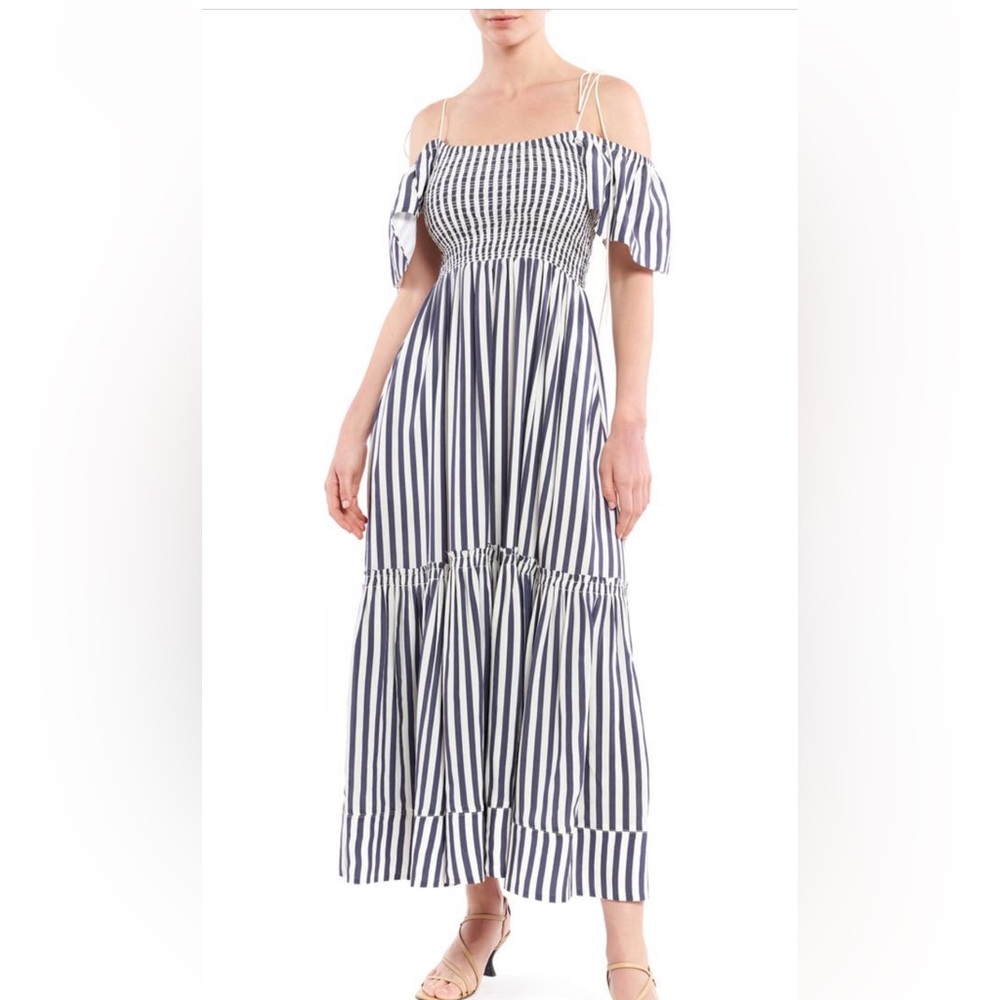 La Ligne Striped Off Shoulder Smocked Ivory & Navy Dress